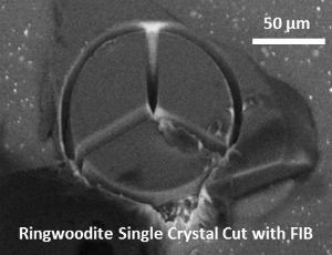 Ringwoodite single crystal cut with focused ion beam (FIB)